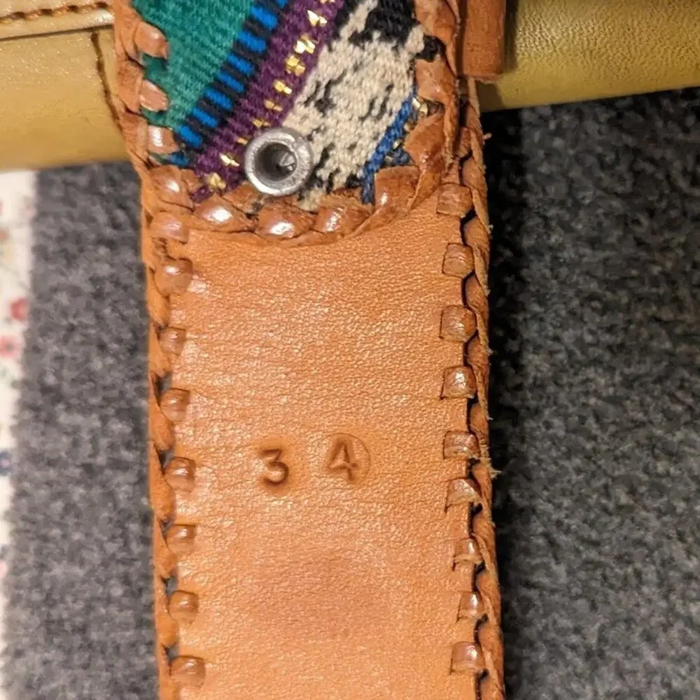 Vintage Colorful Tapestry Leather Chevron Whipstitch Edged Belt Size 34